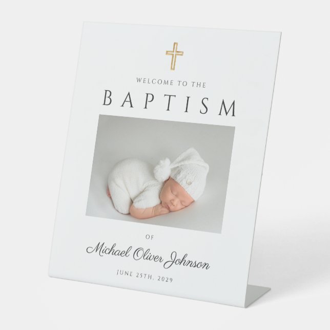 Signe De Table Elegant Cross Photo Boy Baptism Bienvenue (Recto)