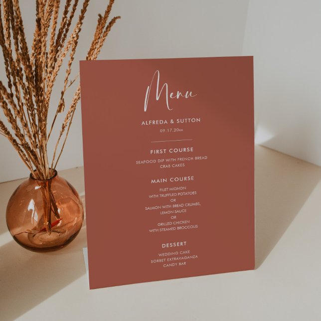 Signe De Table Elégant et moderne menu mariage d'argile rouge (Créateur téléchargé)