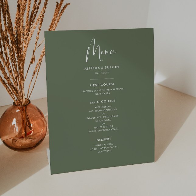 Signe De Table Elégant et moderne sauge foncé menu mariage vert (Créateur téléchargé)