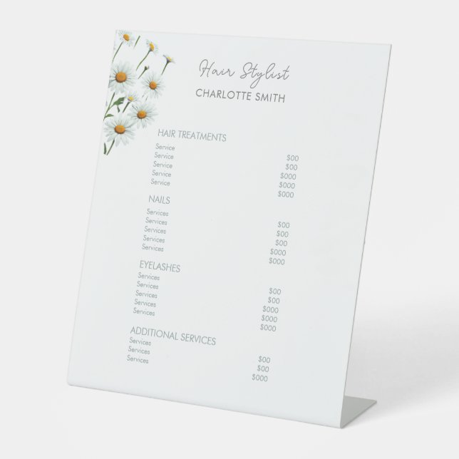 Signe De Table Élégant floral | Menu Service Tarifs Salon (Recto)