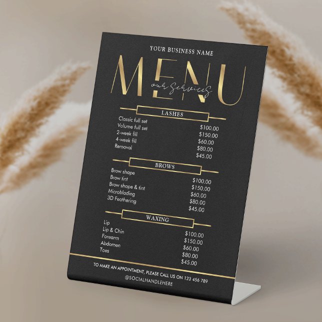 Signe De Table Elegant Glam Black & Gold Business Price List Menu (Black and gold effect business price list menu table top acrylic sign)