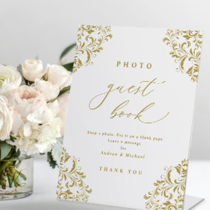Signe De Table Élégant Gold Photo Guest Book Mariage Sign
