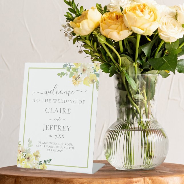 Signe De Table Élégant jaune Floral Sage Vert Mariage d'été (Créateur téléchargé)