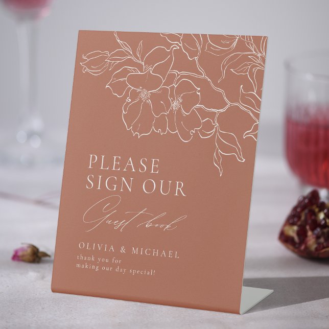 Signe De Table Élégant livre d'hôtes Mariage en terre cuite fleur (Elegant floral terracotta Wedding Guest Book Pedestal Sign)
