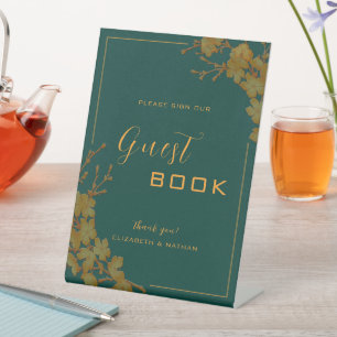 Signe De Table Élégant logo Emerald Green & Gold Floral Guestbook
