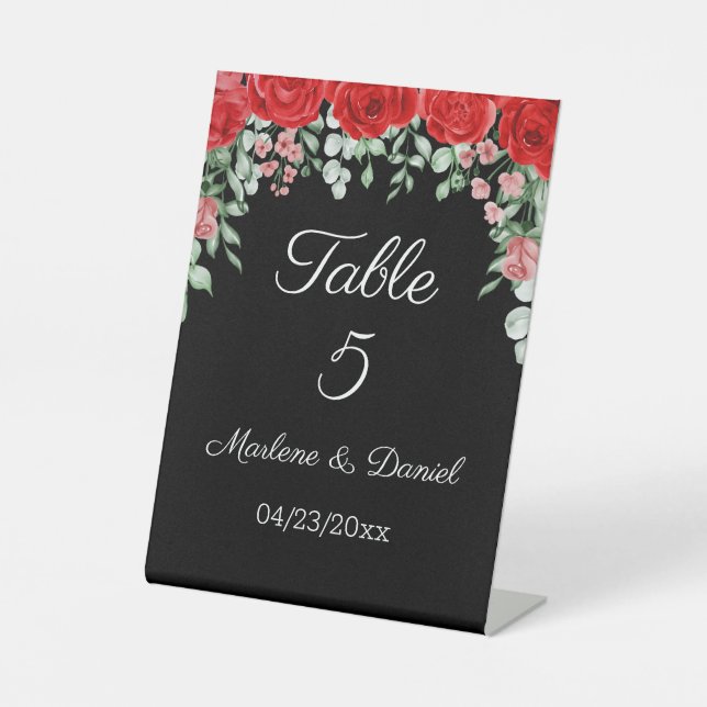 Signe De Table Élégant Mariage floral noir et rouge numéro de tab (Recto)