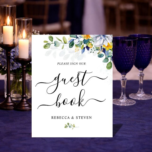 Signe De Table Élégant mariage jaune floral bleu blanc (Créateur téléchargé)
