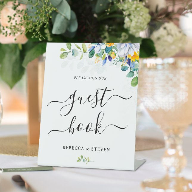 Signe De Table Élégant mariage jaune floral bleu blanc (Créateur téléchargé)