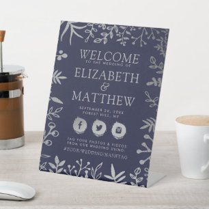Signe De Table Elégant Marine & Silver Floral Mariage Bienvenue