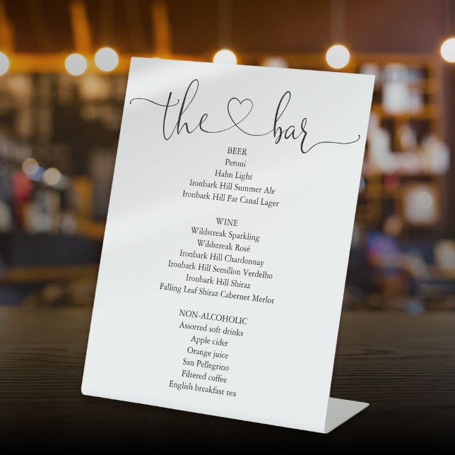 Signe De Table Élégant Menu de Bar à Script Moderne Cœur (Elegant Modern Heart Script Bar Menu Pedestal Sign)