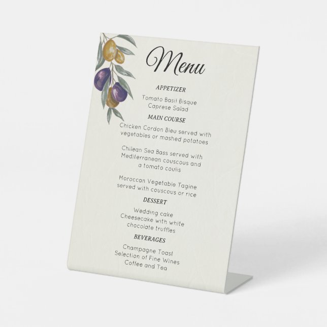 Signe De Table Elégant menu Mariage d'olive aquarelle (Recto)