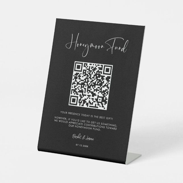 Signe De Table Elégant & moderne Black Honeymoon fund Code QR (Recto)