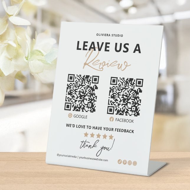 Signe De Table Élégant Moderne Laissez-nous un avis Code QR (Modern elegant 'Leave us a Review' QR Code sign - perfect for your small business)