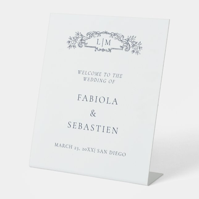 Signe De Table Élégant Monogramme de crête botanique Bleu Signal  (Recto)