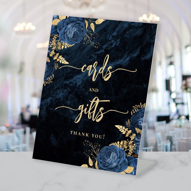 Signe De Table Elegant Navy Blue Gold Floral Wedding Cards Gifts (Créateur téléchargé)