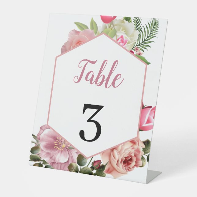 Signe De Table Élégant numéro de table hexagonal floral rose mode (Recto)