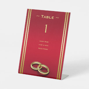 Signe De Table Elégant or & rouge, Mariage anneaux Numéro de tabl