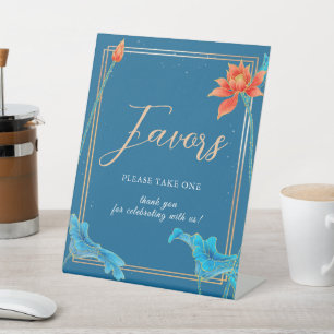 Signe De Table Élégant Orange & Mariage Bleu Floral Lotus