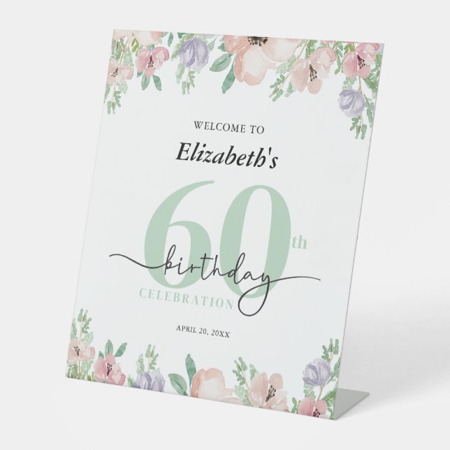 Signe De Table Elegant Pastel Floral 60th Birthday Party Welcome (Recto)