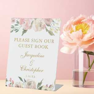 Signe De Table Élégant Pink Gold Floral Mariage Livre d'or