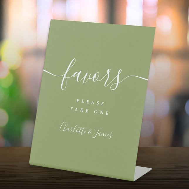 Signe De Table Élégant Présentoir de Mariage Moderne Vert Mousse  (Moss Green Elegant Modern Wedding Favors Table Pedestal Sign)
