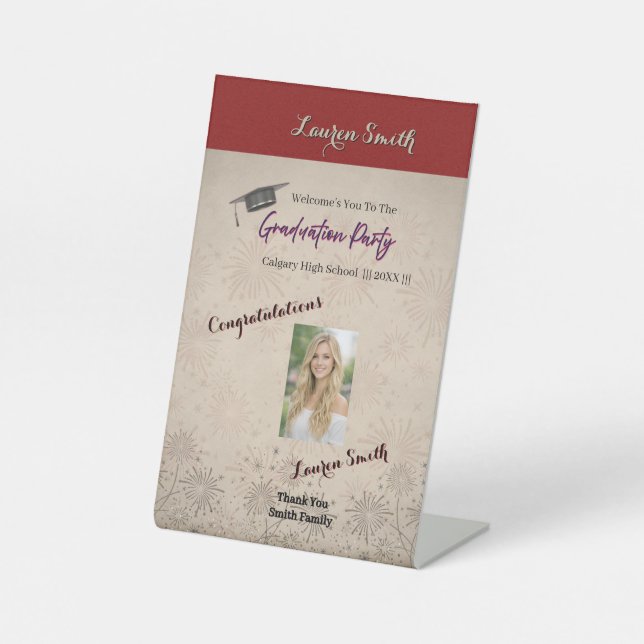 Signe De Table Elegant Red Floral Graduation Pedestal Welcome  (Recto)