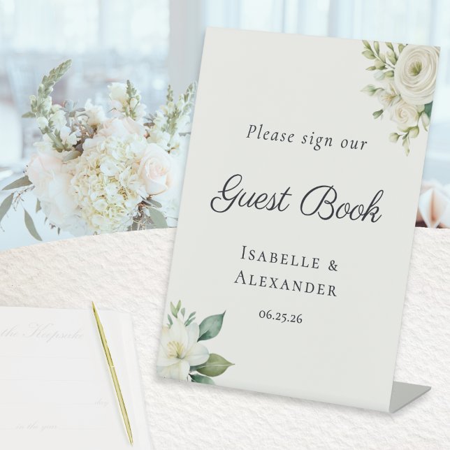 Signe De Table Elegant Romantic Guest Book (An elegant freestanding tabletop sign, inviting guests to sign the wedding guest book)