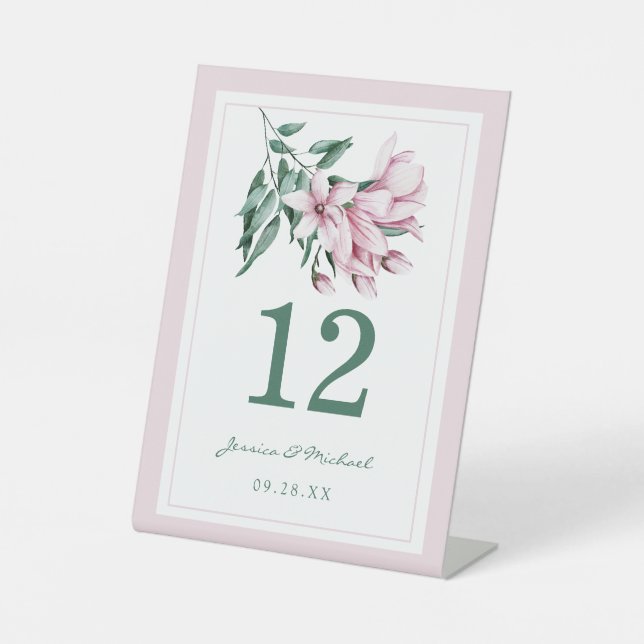 Signe De Table Elégant rose Aquarelle Magnolia Floral Mariage (Recto)