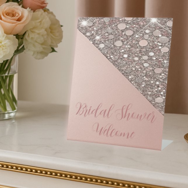 Signe De Table Elégant Rose Fête des mariées or Bienvenue (Welcome guests in style with this elegant rose gold bridal shower sign with a soft shimmer glow.)