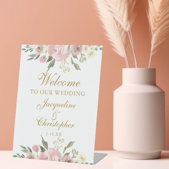 Signe De Table Elégant rose Floral Gold Bienvenue à notre Mariage (Créateur téléchargé)