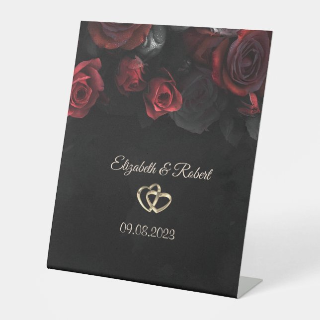 Signe De Table Élégant rouge Roses Mariage gothique (Recto)