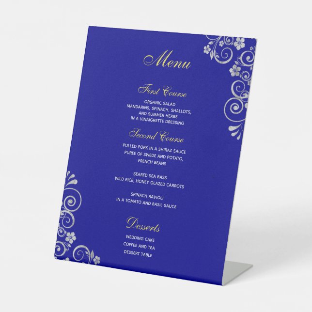 Signe De Table Elégant Royal Blue Silver Script Menu Mariage (Recto)