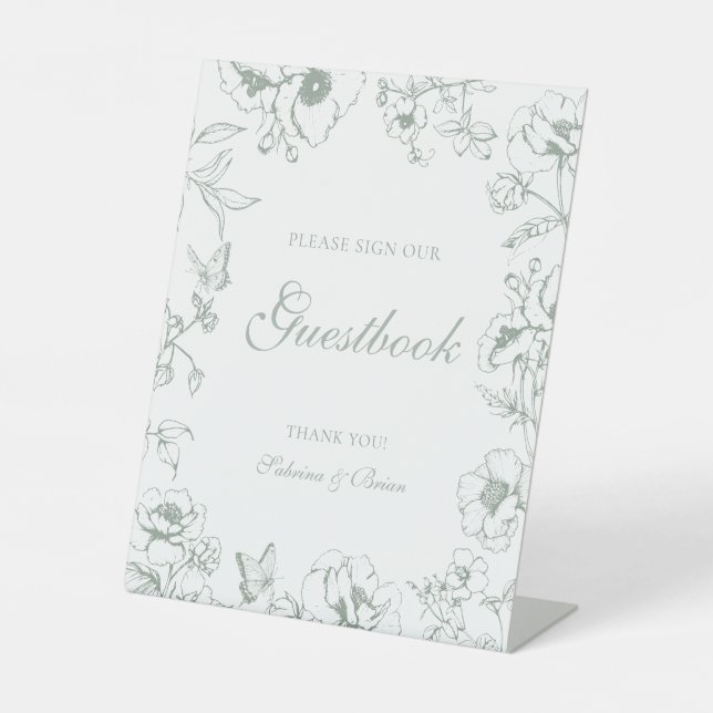 Signe De Table Elegant Sage Green Floral Wedding Guestbook (Recto)
