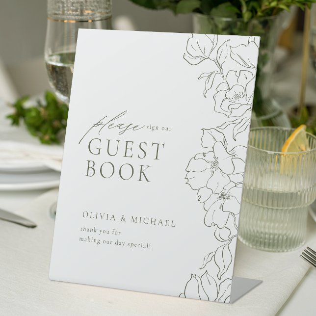 Signe De Table Élégant Sage Green Mariage Livre d'invité (Elegant floral Sage Green Wedding Guest Book Pedestal Sign)