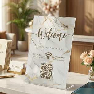 Signe De Table Élégant Script de Bienvenue Code QR WIFI Marbre Ag