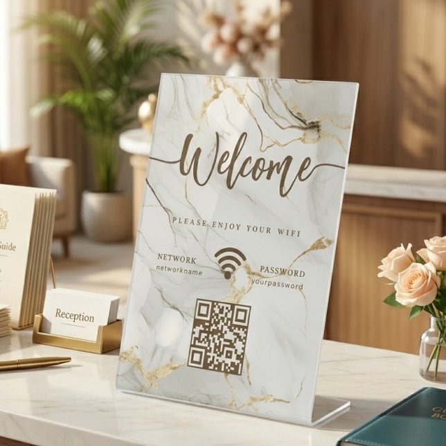 Signe De Table Élégant Script de Bienvenue Code QR WIFI Marbre Ag (Elegant Welcome Script WIFI QR Code Agate Marble Pedestal Sign )
