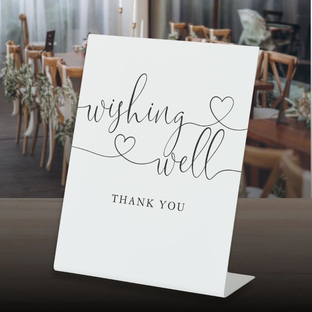 Signe De Table Élégant script de coeur moderne Wishing well (Elegant Modern Heart Script Wishing Well Pedestal Sign)
