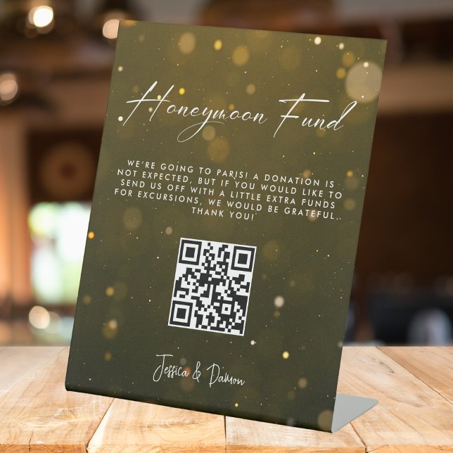 Signe De Table Elégant Script Mariage Honeymoon Fund QR Code (Créateur téléchargé)
