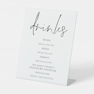 Signe De Table Élégant Script noir blanc Mariage Boissons Bar Sig