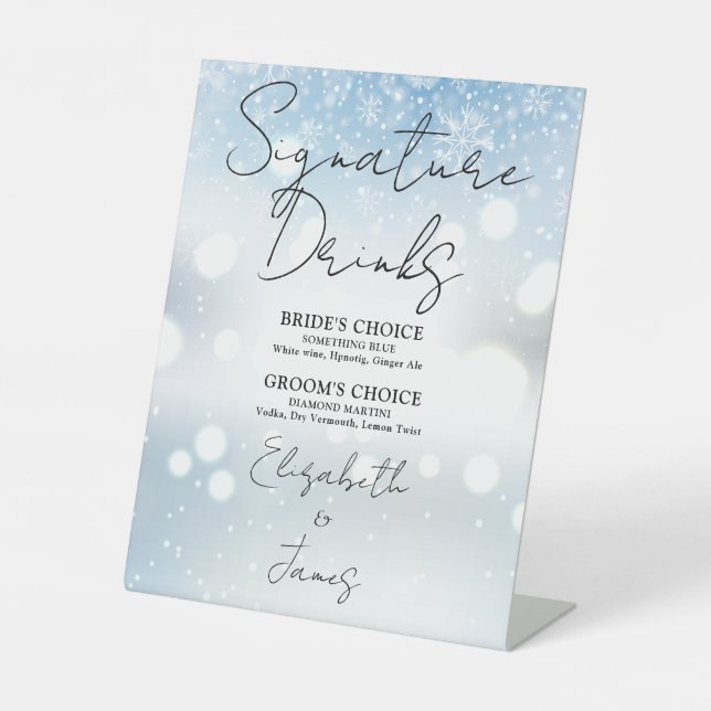 Signe De Table Élégant Script Signature Boissons Snowflakes hiver (Recto)