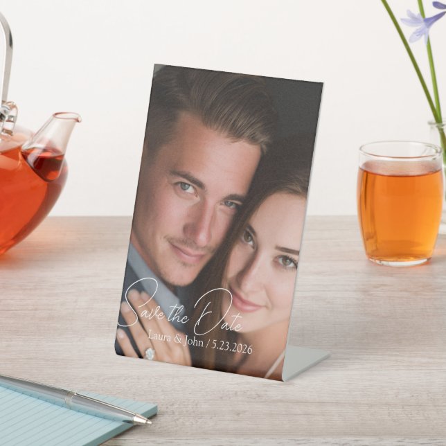 Signe De Table Elegant Wedding Photo Save The Date Pedestal Sign (In SItu)