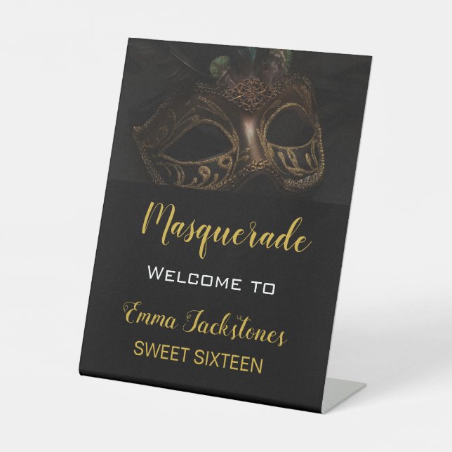 Signe De Table Elégant Welcome Gold Black Masquerade Anniversaire (Recto)