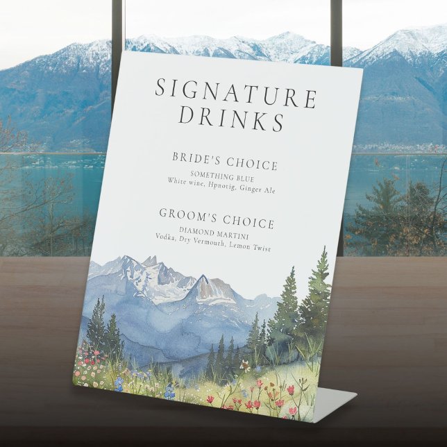 Signe De Table Elégante aquarelle Mountain Signature Boissons (Elegant Watercolor Mountain Signature Drinks Pedestal Sign)