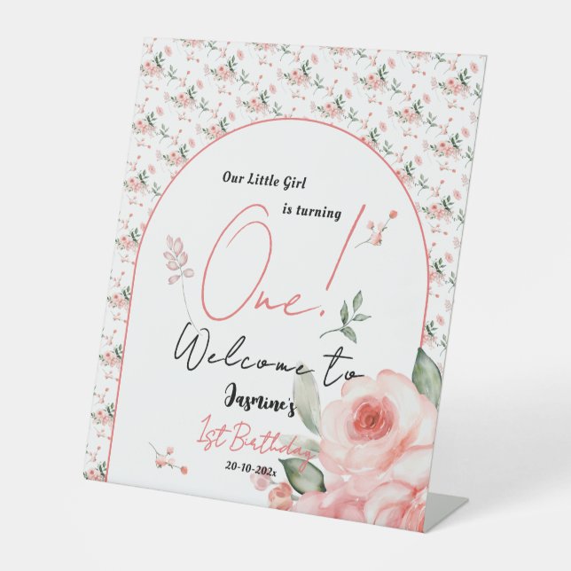 Signe De Table Elégante aquarelle Rose fille 1er anniversaire Bie (Recto)