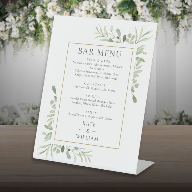 Signe De Table Elégante aquarelle verdure barre Mariage Menu (Elegant Watercolor Greenery Wedding Bar Menu Pedestal Sign)