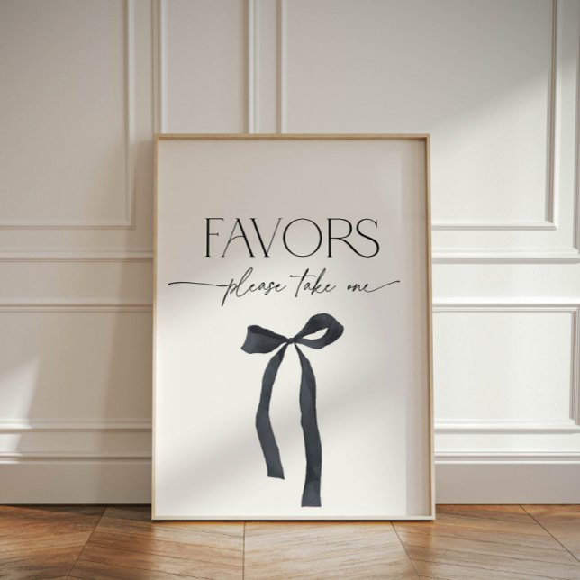 Signe De Table Elégante Bow Noir Gothique Prendre une faveur (Elegant favors, please take one sign with black bow for a she's tying the knot themed bridal shower)