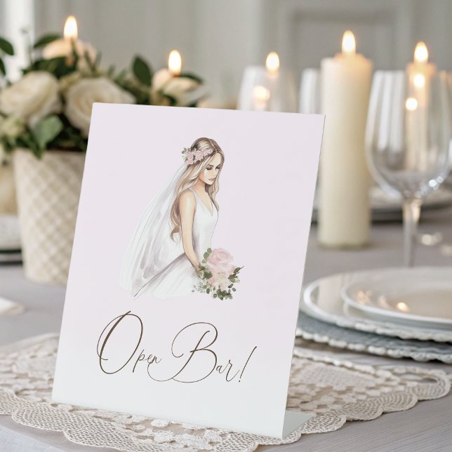Signe De Table Elégante Fête des mariées rose tendre Open Bar (Elegant Tender Pink Bridal Shower Open Bar Pedestal Sign)