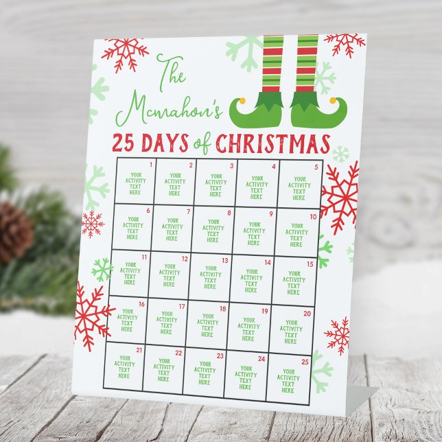 Signe De Table Elf Feet 25 Jours d'activité de Noël (25 Days of Christmas Holiday Activity Pedestal Sign. Cute Elf Feet Design, Other Designs Available)