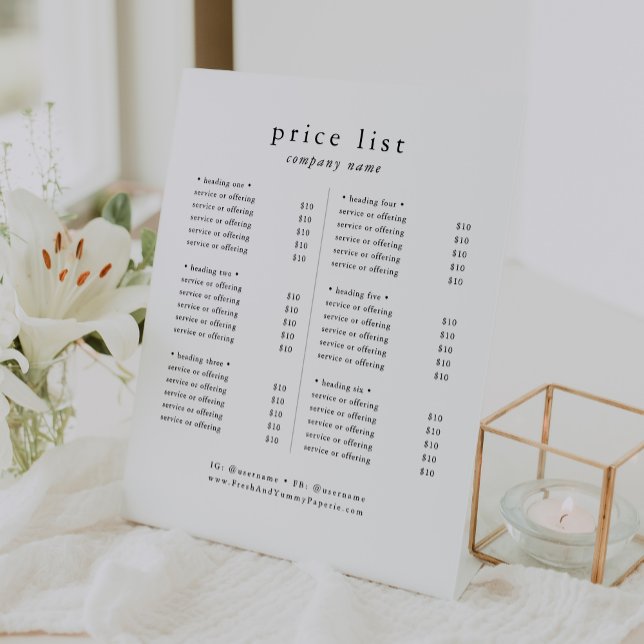 Signe De Table EMELIA Moderne Simple Business Services Tarificati (EMELIA Modern Simple Business Services Price List Pedestal Sign)