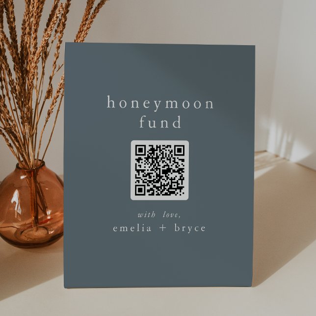Signe De Table EMELIA QR Code Marine Boho Mariage Honeymoon Fund (EMELIA QR Code Navy Boho Wedding Honeymoon Fund Pedestal Sign)